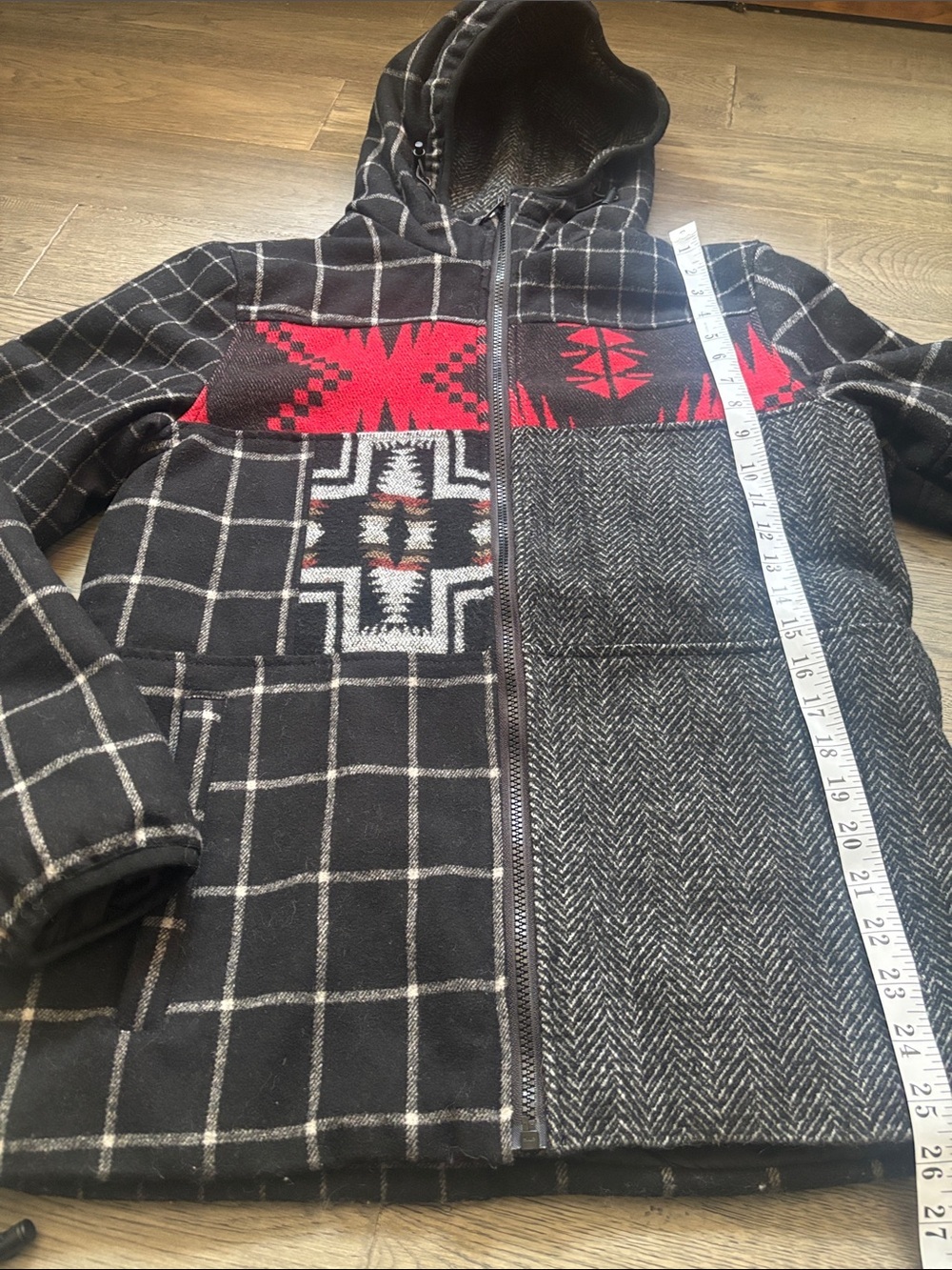 Desigual | Wool Blend Black Red Patterned Hooded Aztec Inspired Zip-Up Jacket S - Picture 9 of 15